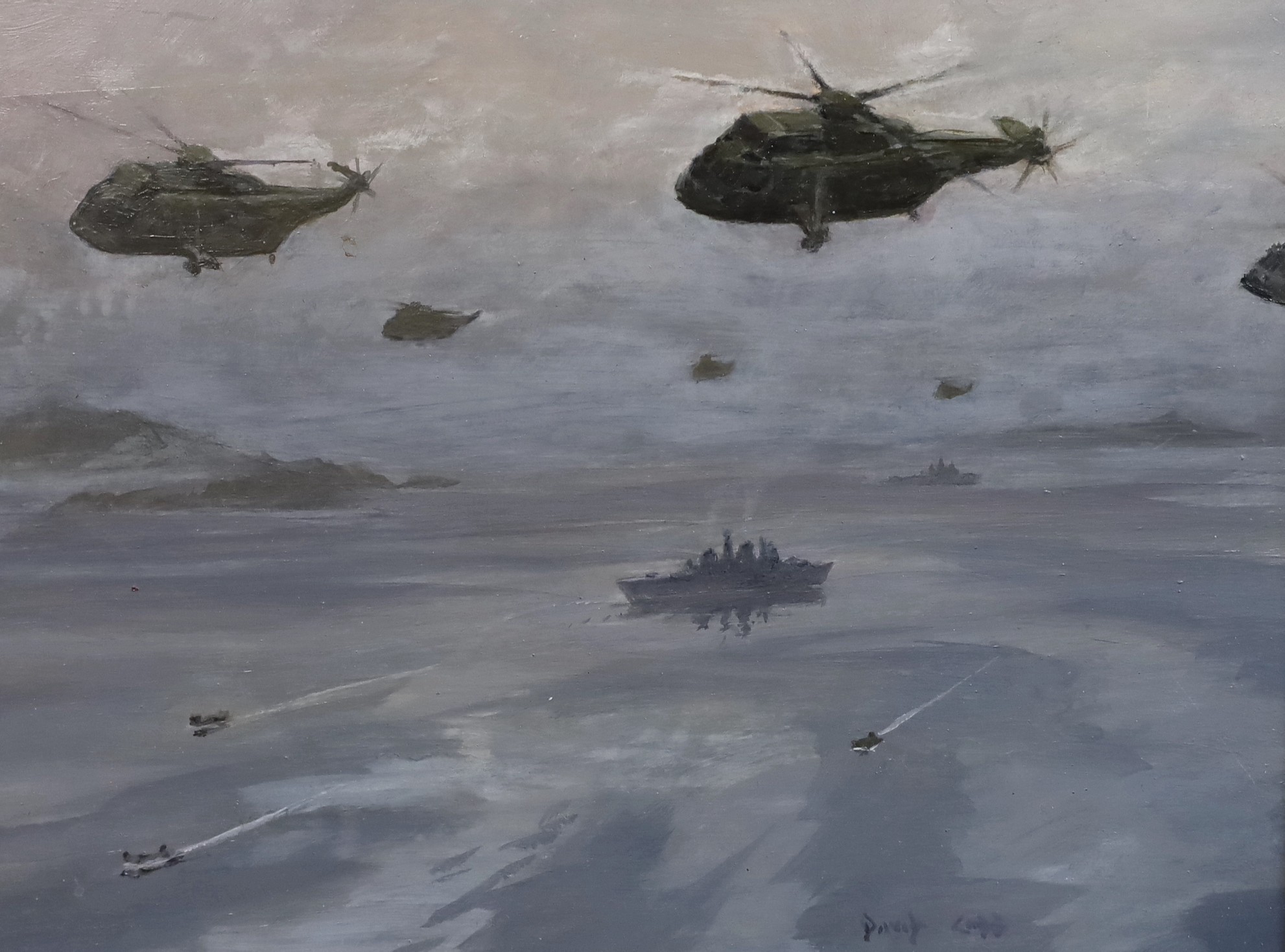 David Cobb (British, 1921-2014), Sea King Helicopters and Warships, Falklands, oil on board, 29 x 39cm